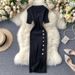 Women's Clothing Simple Solid Color Breasted Slim Fitting Short Sleeved Knitted Slit Hip Wrap Dress_ecoleips.com