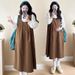 Autumn New Korean Fashion Round Neck Shirt + Strap Two-Piece Maternity Dress_ecoleips.com