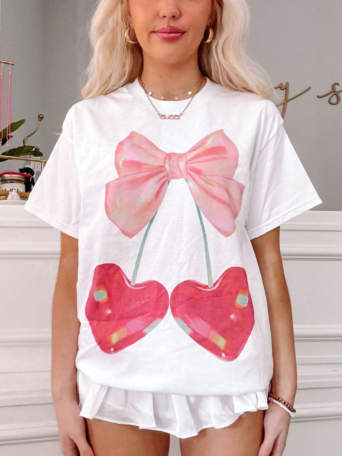 Women's Clothing Spring And Summer New Cherry Bow Print Loose Short Sleeved T Shirt_ecoleips.com