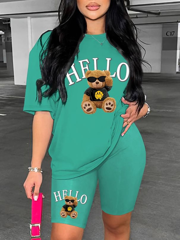 Women's Clothing T Shirt Suit Casual Bear Letter Short Sleeve Letter Printing Sets_ecoleips.com