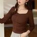 2025 #Craftsmanship Selection # Thin Velvet Unique Design Drawn Square Neck T-Shirt Women's Long Sleeve 2025 Autumn/Winter_ecoleips.com