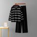 Color Block Striped Two Piece Set V Neck Niche Design Knitted Top with High Waisted Wide Leg Pants European And American Style Women's Clothing_ecoleips.com