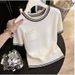 Color Blocked Knit T-Shirt For Women Luxury Design Slimming Top Striped Summer New Style Short Sleeved Loose Fit_ecoleips.com