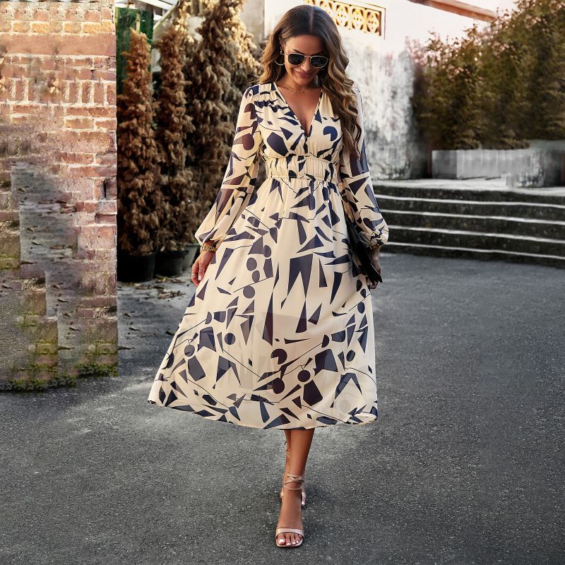 V-Neck Floral Dress, Summer Women's Casual Printed Long Skirt For Vacation And Leisure Wear_ecoleips.com