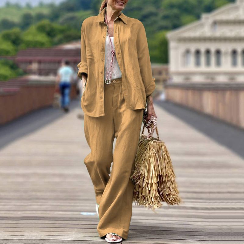 Women’s Clothing Spring New Fashion Casual Cotton Solid Color Long Sleeved Shirt Trousers Suit Women_ecoleips.com
