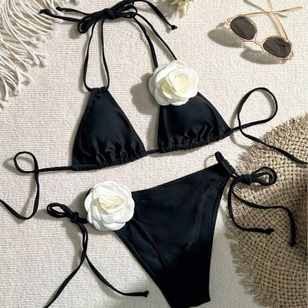 European And American Bikini New Style Women's Sexy Tie Three-Piece Swimsuit With 3D Floral Design Cross-Border Foreign_ecoleips.com