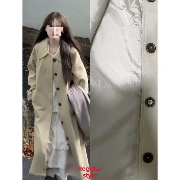 Minimalist Korean-style Lapel Trench For Girls, New Autumn And Winter Khaki-colored Oversized Mid-length Elegant Coat_ecoleips.com