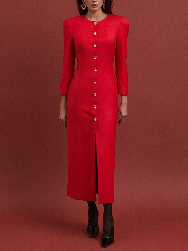 Freeacy 2025 Women Red Temperament Dress Round Neck Long Sleeves Single-breasted Dresses H-line Splited Elegant Evening Dress_ecoleips.com