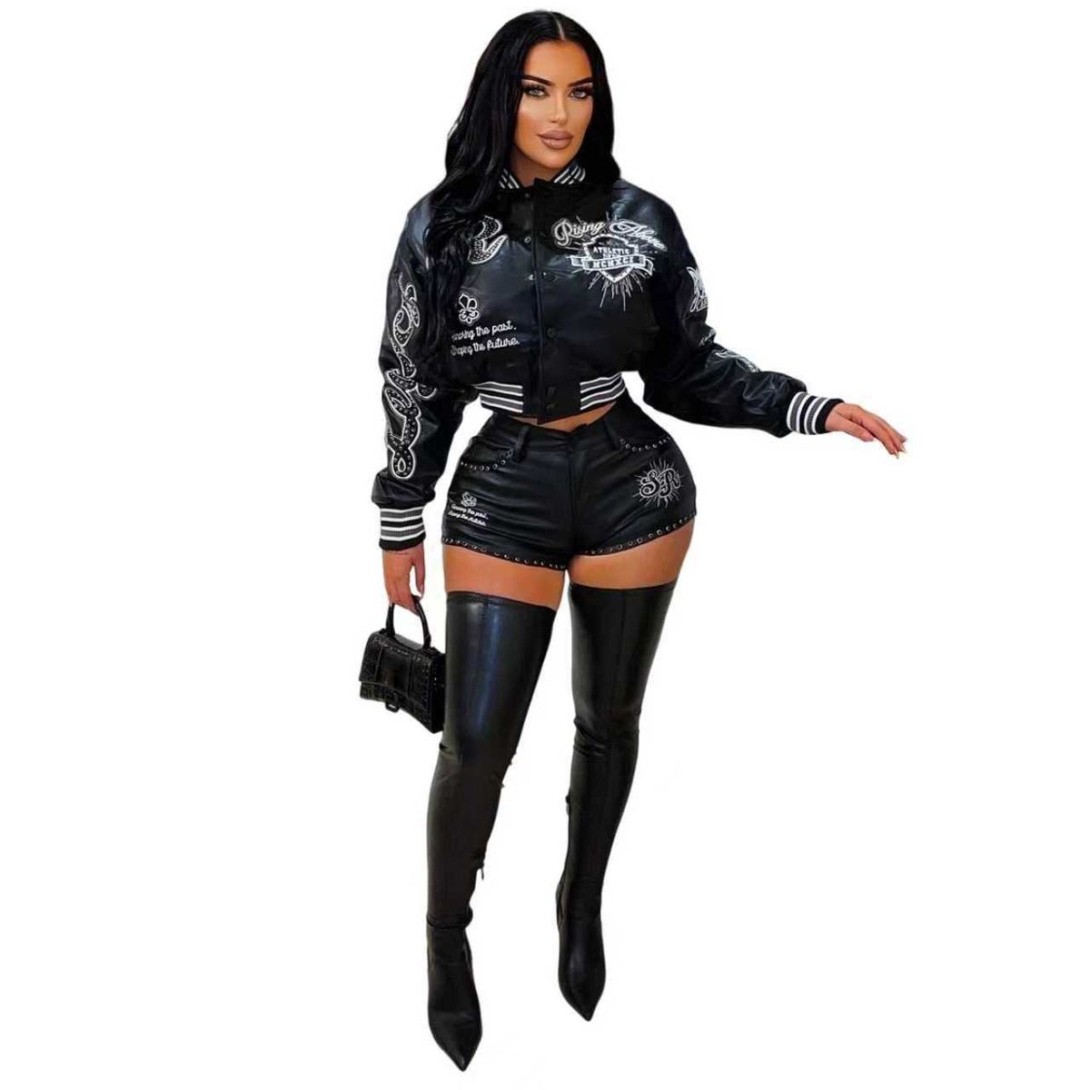 Women's Clothing Women's Embroidered PU Leather Baseball Jacket And Shorts Set Sexy Style Two-Piece Clothing Elastic_ecoleips.com