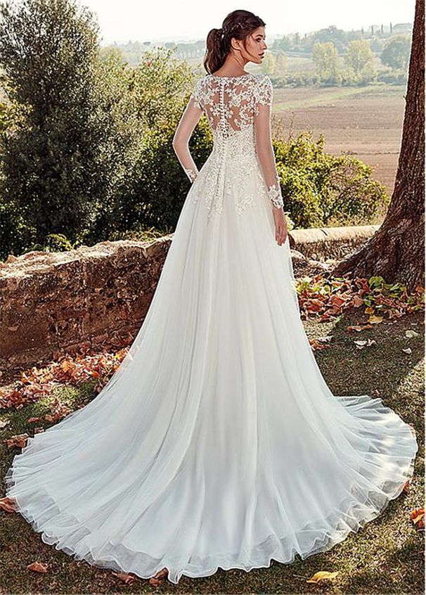 2025 New Style High U Neck Lace Wedding Dress Long Sleeve Slimming a Line Long Train Simple Style for Travel Photography_ecoleips.com