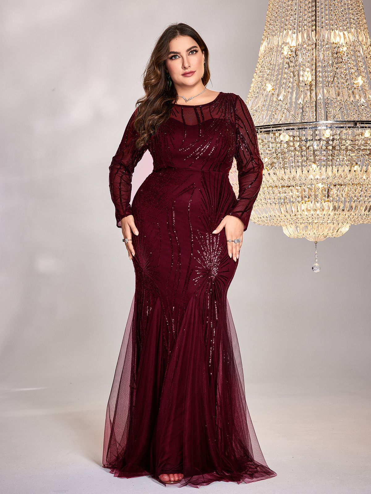 Elegant plus Size Women's Dress Long Sleeve round Neck Slim Fit Fishtail Skirt Bridesmaid Banquet Toast Evening Gown_ecoleips.com