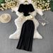 Women's Clothing European Style Beaded Round Neck T-Shirt Cinched Waist Flared Skirt Slimming Silhouette All Day Wear Sophisticated Pant Sets_ecoleips.com