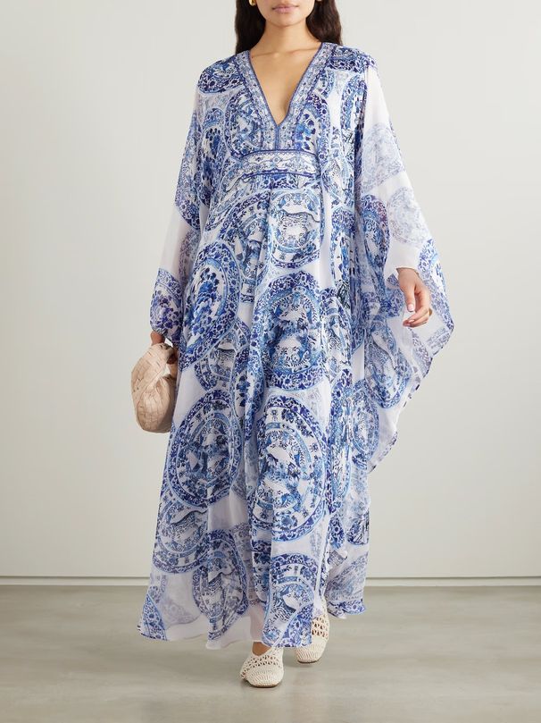 Women's Clothing Summer Blue And White Porcelain Print Loose Large Size V Neck Dress_ecoleips.com