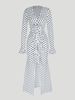 Women Long Sleeve V Neck Ruffle Trim Polka Dot Knit Mermaid Maxi Split Dress Elegant Cocktail Gown Summer Vacay Party Slim Dress_ecoleips.com