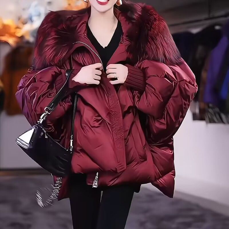 Women's Fashionable Angora Red Down-Alternative Coat, Lightweight Long Puffer Jacket For Winter, Elegant Oversized Style With Faux Fur Collar_ecoleips.com