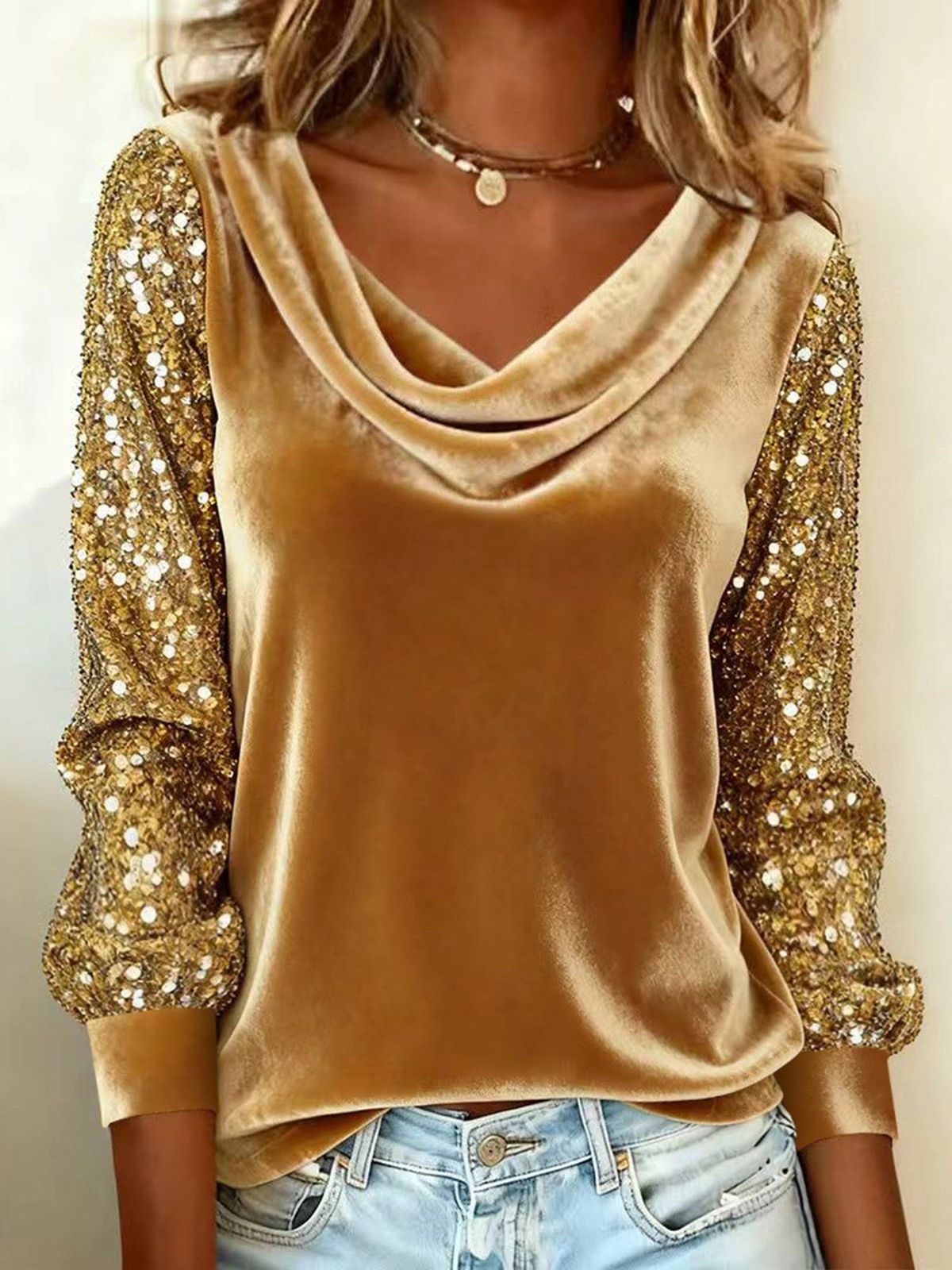 2025 New European And American Cross-Border Fashion Women's Velvet Turtleneck Sequin Patchwork Long Sleeve T-Shirt_ecoleips.com