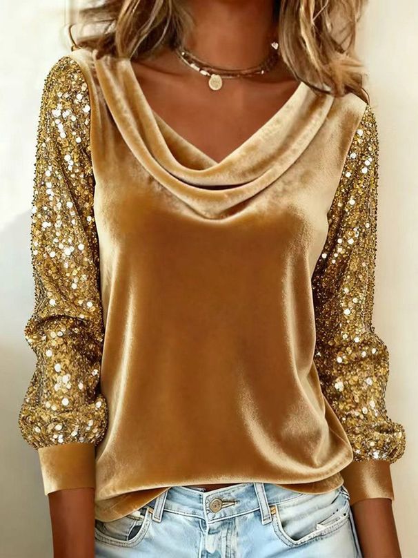 2025 New European And American Cross-Border Fashion Women's Velvet Turtleneck Sequin Patchwork Long Sleeve T-Shirt_ecoleips.com