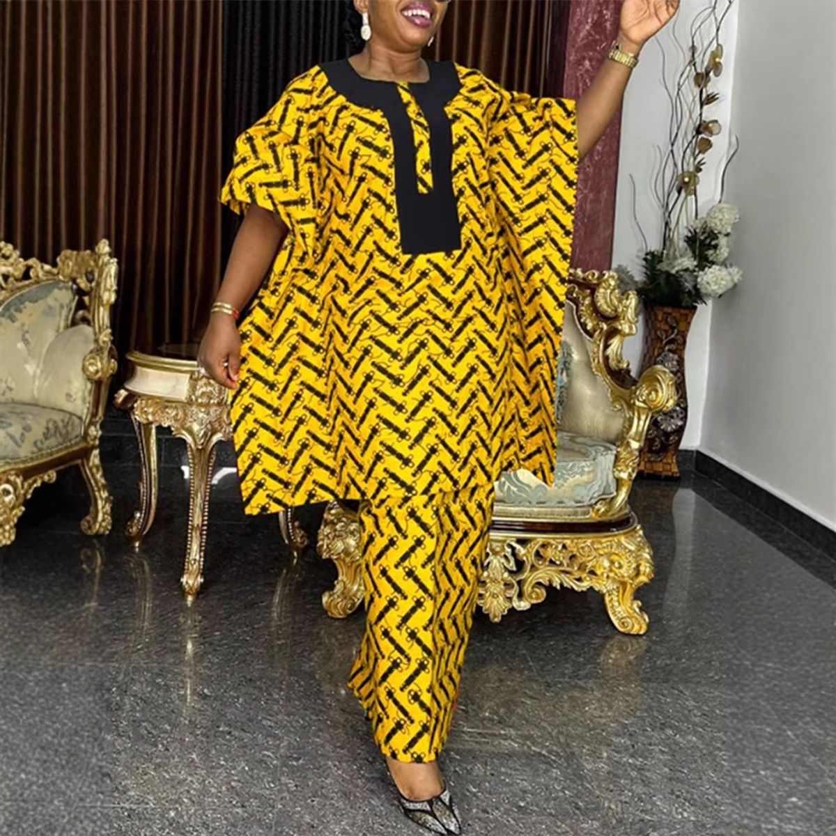 Women's Plus Size Middle Eastern Cross Batwing Sleeve Loose Top Wide Leg Pants Two Piece Set Casual Retro Print_ecoleips.com