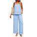 Women's Lace Trim Camisole And Pocket Wide Leg Pants Set Casual Summer Outfit Black Beige Sky Blue Sizes S XXL_ecoleips.com