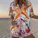 Women's Vacation Style Short Sleeve Shirt And Shorts Set, Tropical Print Collared Button Down Top With Matching Bottoms, Summer Casual Outfit_ecoleips.com