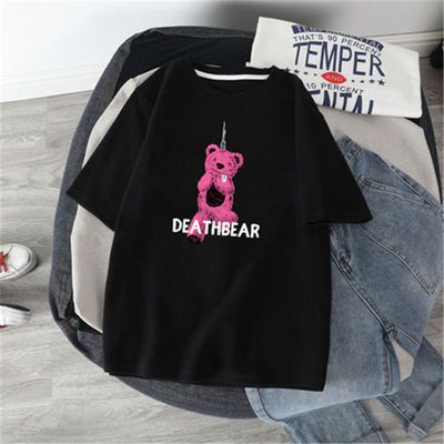 Women's Short Sleeved T-Shirt round Neck Loose Fit mid Length Summer Style Trendy Student Top Bear Pattern_ecoleips.com