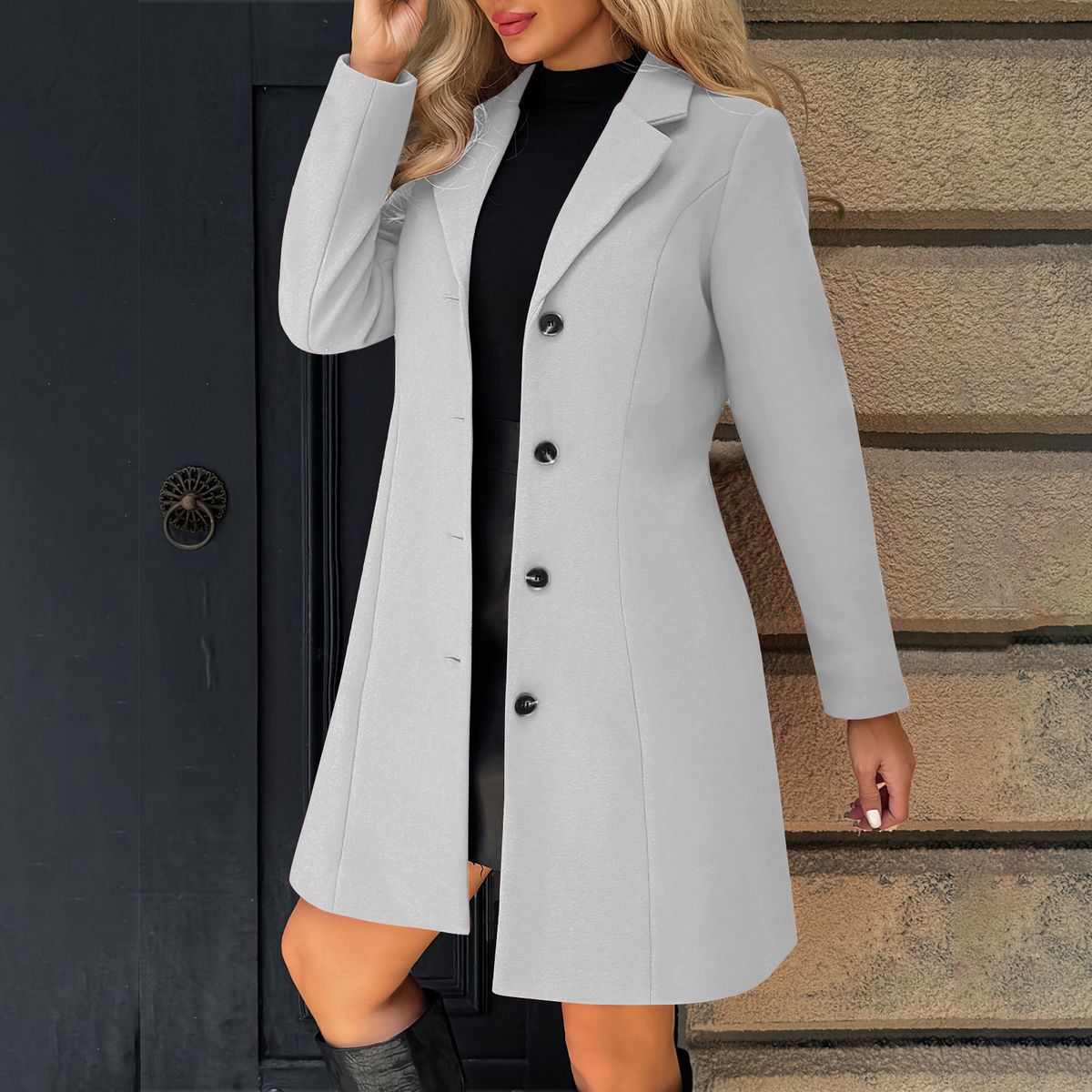 Elegant Long Wool Coat For Women - Slim Fit Notch Lapel Overcoat In Solid Colors (Grey, Black, Wine, Army Green, Khaki, Navy)_ecoleips.com
