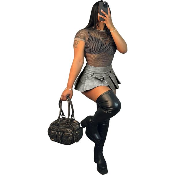 European And American Women's Sexy Solid Color Zipper Pleated Mini Skirt Cross Border Supply Leather NY8167_ecoleips.com