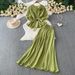 Korean Style Floral Embroidery Tie-Waist Blouse With High-Waist Long Skirt Set, Elegant Puff Sleeve Two-Piece Outfit For Women_ecoleips.com