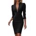 Women's Clothing Autumn/Winter Fashionable V Neck Slim Waist Solid Color Three Quarter Sleeve Dress For Women_ecoleips.com