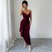 Elegant V-Neck Sleeveless Bodycon Evening Dress – Stretch Knit Long Gown For Women (S-XL, Wine Red, Belted Waist, Wrinkle-Resistant)_ecoleips.com