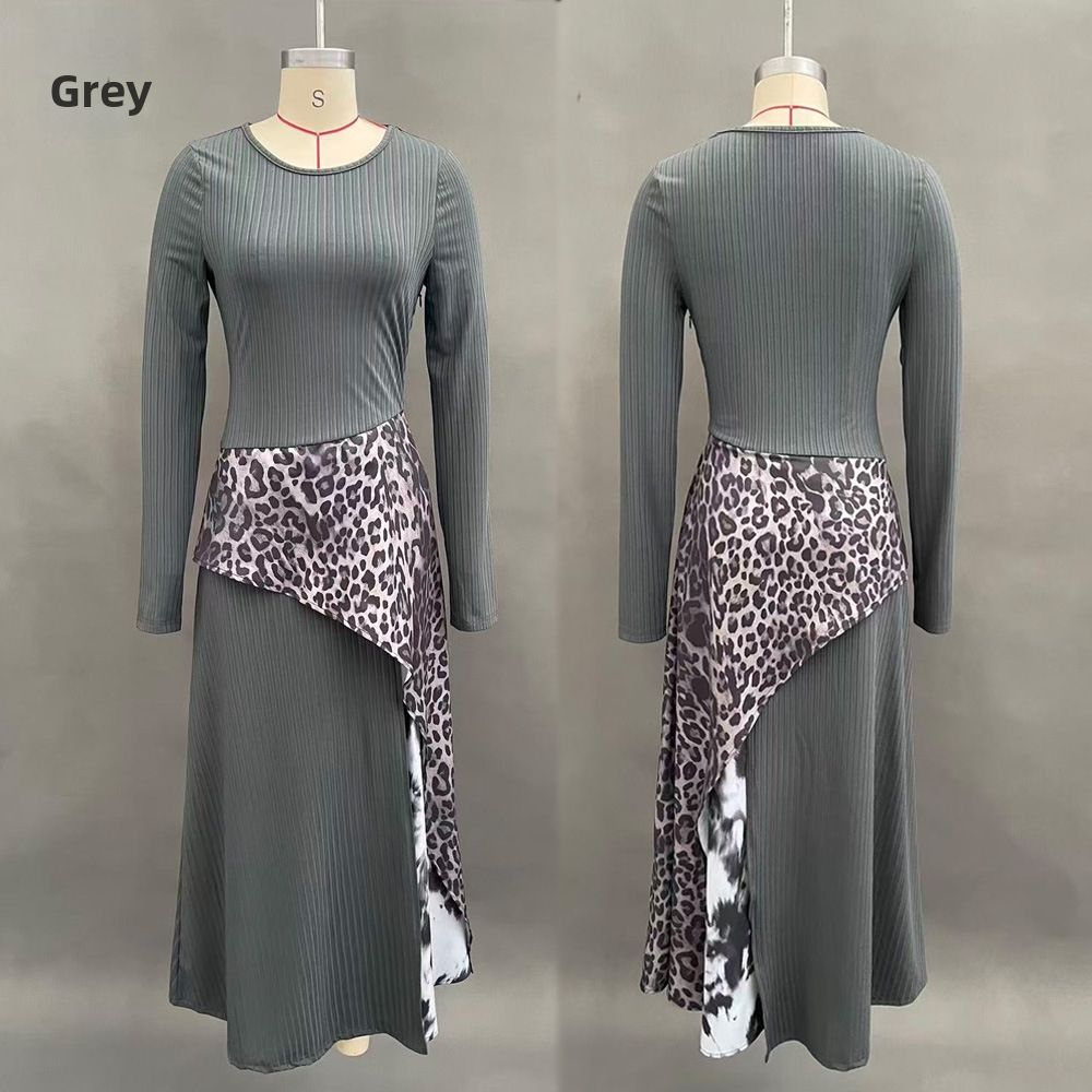 High-Waisted A-Line Long Sleeve Dress - Leopard Print Polyester Maxi Dress For Women_ecoleips.com