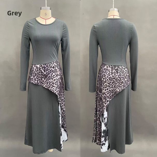 High-Waisted A-Line Long Sleeve Dress - Leopard Print Polyester Maxi Dress For Women_ecoleips.com