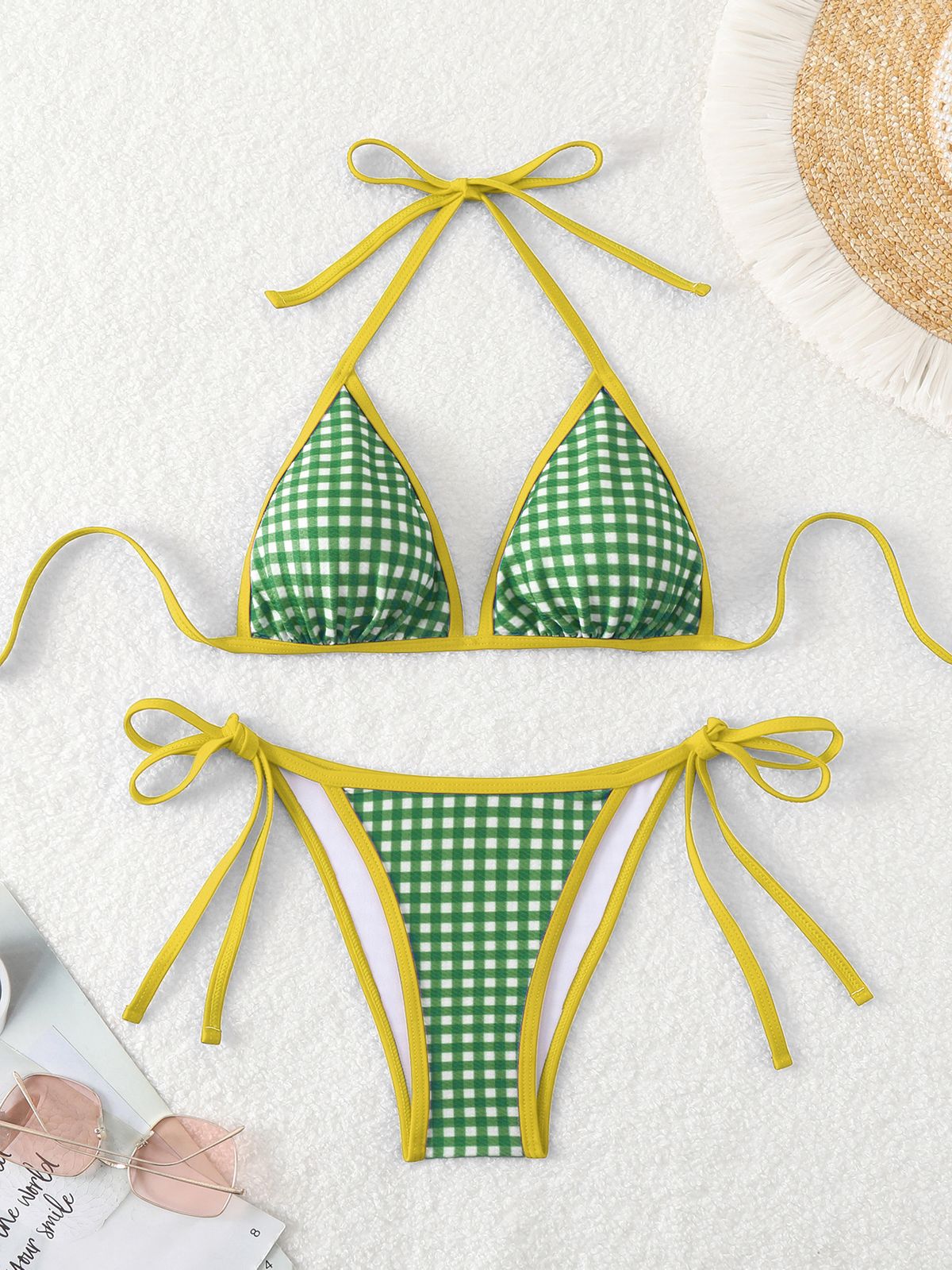 Women's Clothing Sexy Beach Bikini Houndstooth Tie Halter Neck Triangle Small Chest Cute Girl Swimsuit Female_ecoleips.com
