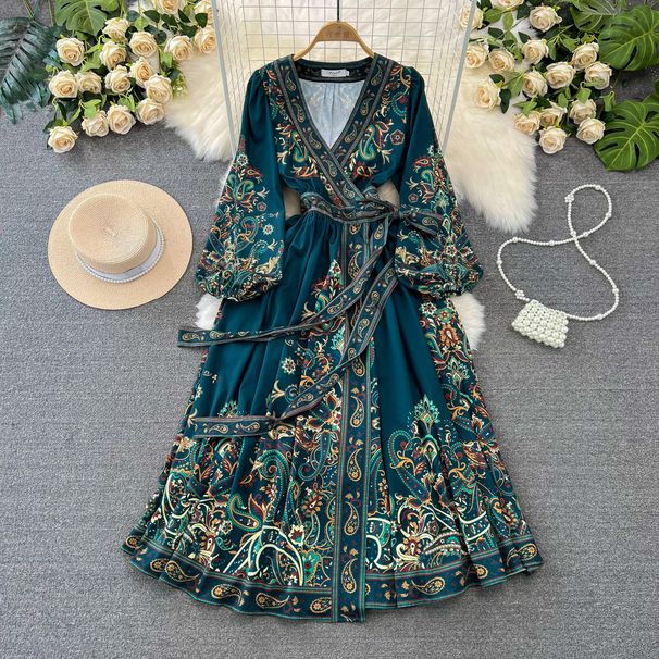 Retro Court Style Lantern Dress Long Sleeved V Neck Belted a Line Printed Elegant Full Skirt for Women_ecoleips.com