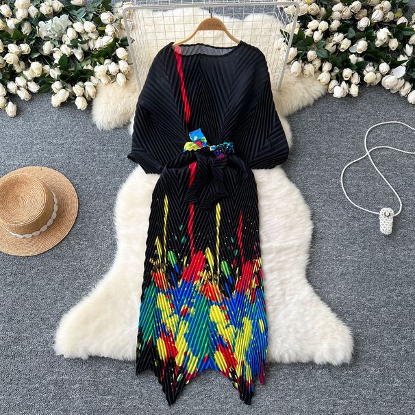 A Niche High-end With Women's Design Sense, Tied Waist, Bat Sleeves, Pleated Printing, Irregular Dress Skirt_ecoleips.com