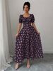 Women's Summer Maxi Dress Elegant Casual Puff Sleeve Square Neck Black Floral Print Long Evening Gown For Women_ecoleips.com