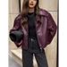 Oversized Biker-Style Leather Jacket For Women - Long Sleeve Loose Fit Coat (Burgundy/Brown/Black/Olive Green)_ecoleips.com