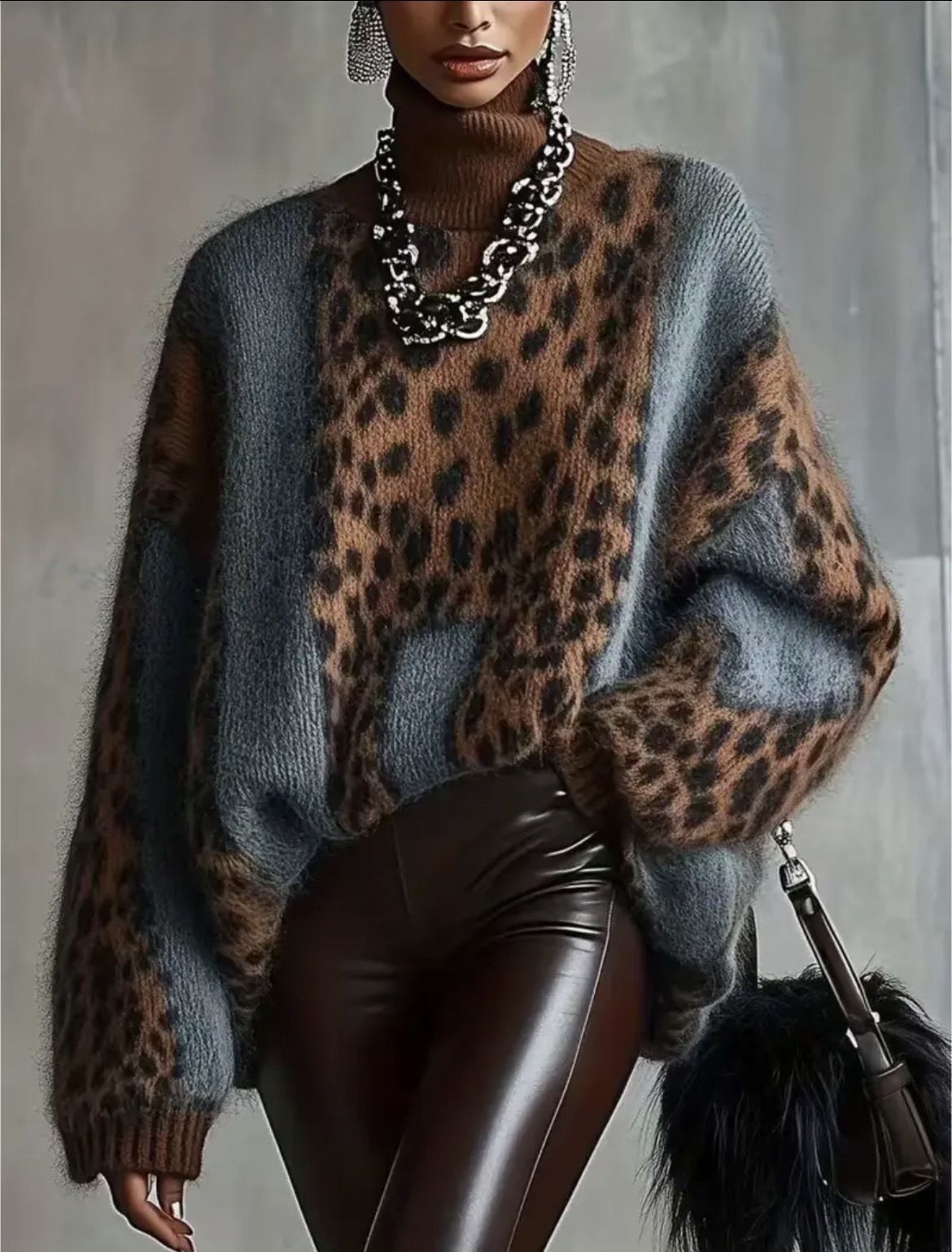 European American Cross-Border Lazy Style Leopard Print Knitted Sweater Women, Autumn And Winter Thickened Loose Vintage_ecoleips.com