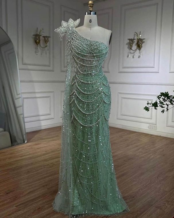 Women's Clothing One Shoulder Temperament Evening Dress Large Size Slim Fit Dress Beaded Fishtail Dress_ecoleips.com