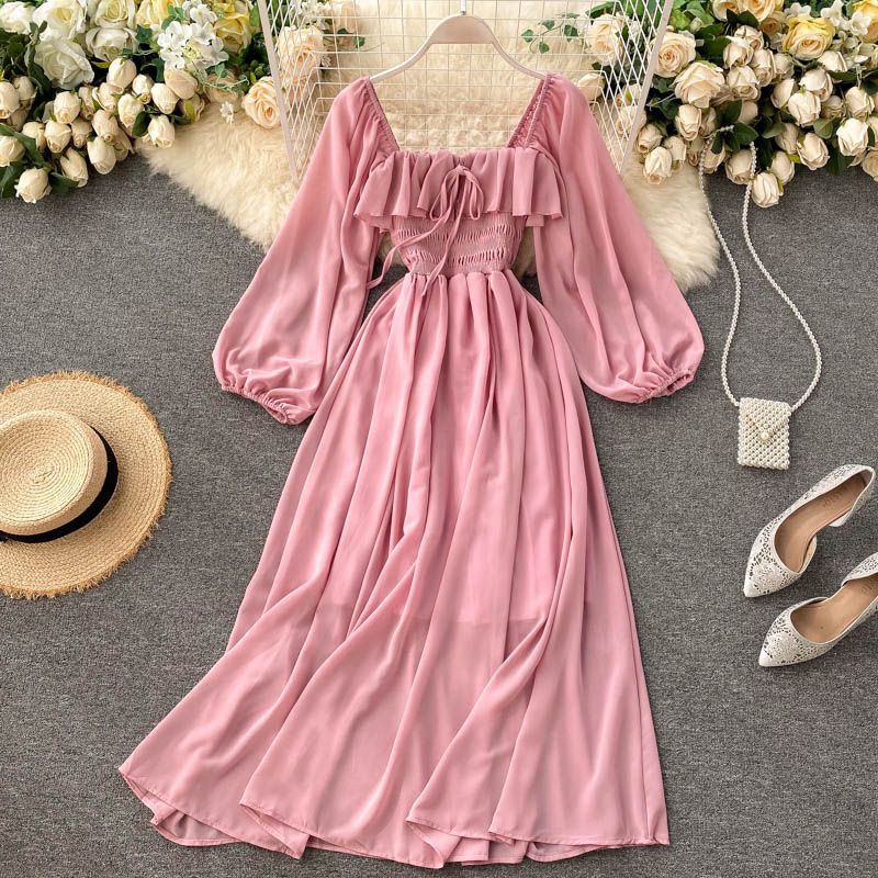 Women's Clothing Chic Gentle Style Square Neck Puff Sleeve Dress French Retro Chiffon Skirt Autumn_ecoleips.com