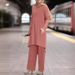 Muslim Fashion Women's Clothing Spring Autumn New Solid Color Sleeve Lace Placket Round Neck Top And Long Pants Set_ecoleips.com