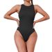 Women's Ribbed High Neck Sleeveless Bodysuit Swimwear - Solid Color Slim Fit One-Piece With Triangle Panty_ecoleips.com