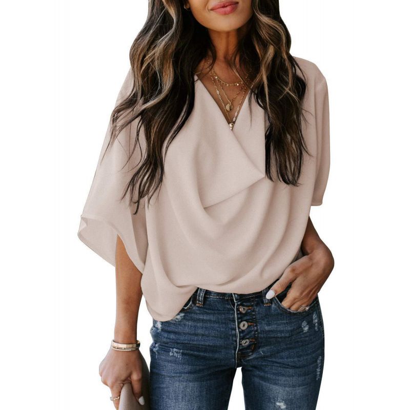 Annual Chiffon Shirt With Loose V-Neck Design, Casual Top, T-Shirt, Women's Clothing_ecoleips.com