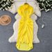 Elegant Sophisticated Mid Length Shirt Dress For Women With Subtle Pleats Single Breasted Buttons Slimming Waist_ecoleips.com