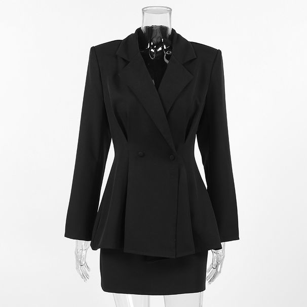 Elegant Slimming Women's Suit Set High Waist Cinching Black Two Piece Outfit Bodycon Skirt_ecoleips.com
