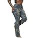 Women's Distressed Flared Jeans Blue Striped Denim Pants High-Waisted Wide Leg Trousers With Fringe Hem Vintage Wash_ecoleips.com
