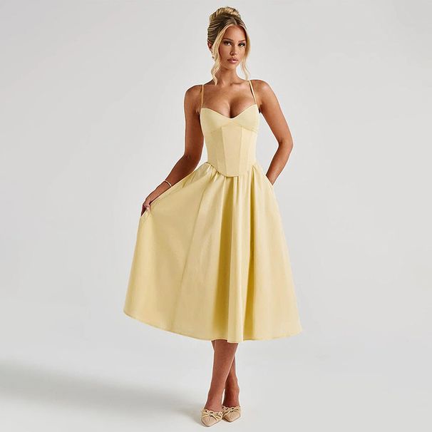 Women’s Clothing Spring And Summer New Trend Waist Suspender Slim Pure Color V Neck Light Luxury Banquet Dress Women_ecoleips.com