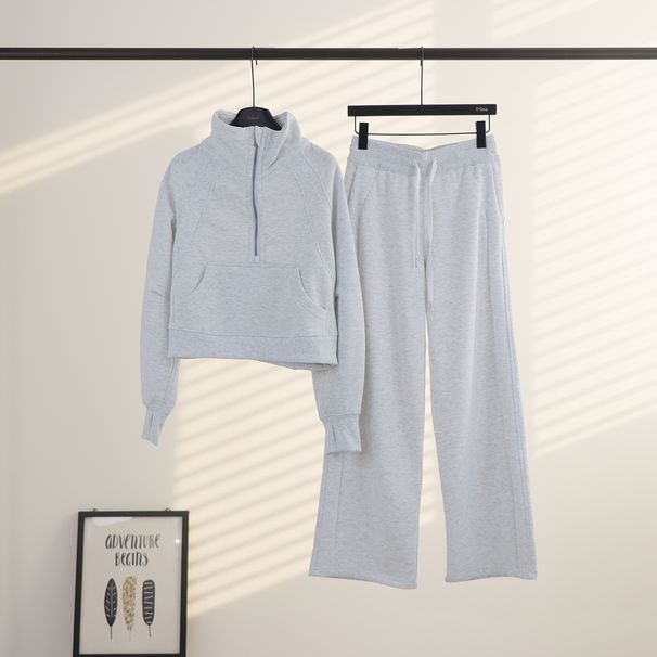 Women's Stand Collar Loose Fleece Lined Yoga Suit Sports Cardigan Scuba Jacket Half Raise Sweatshirt Set_ecoleips.com