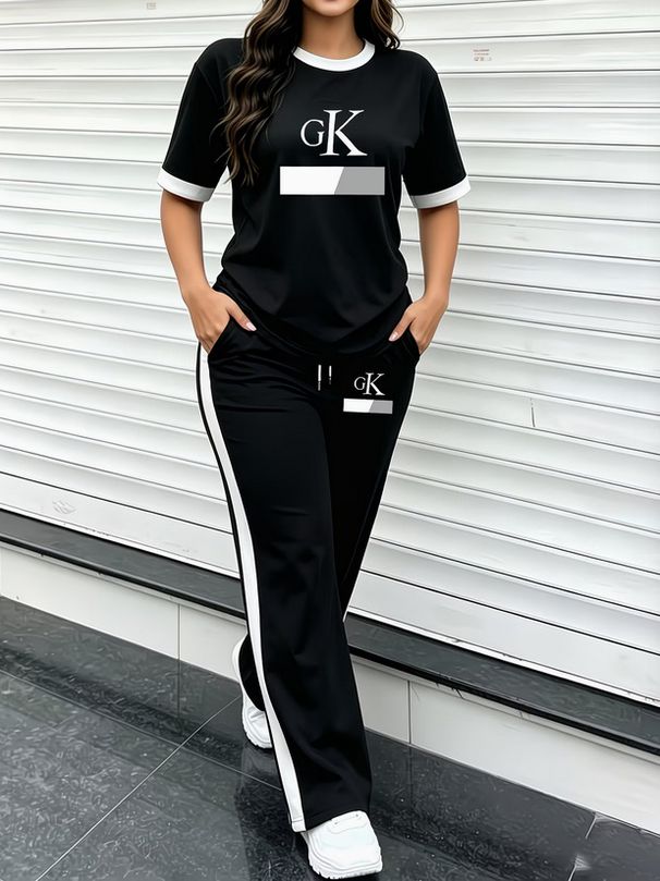 Women's Summer Sports Casual Pants Set GK Letter Print Short Sleeve T-Shirt And Pants Outfit_ecoleips.com