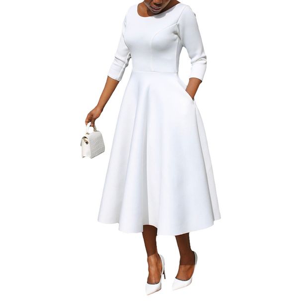 Elegant U-Neck Pocket Maxi Dress for Women A-Line Dress with Flowy Hem in Solid Colors Pink Purple Deep Orange White Black Blue_ecoleips.com